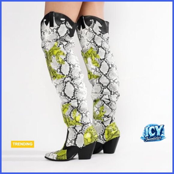 Thigh High Cowboy Boots with Chunky Heel - Faux Snakeskin Western Booties - Picture 6 of 7